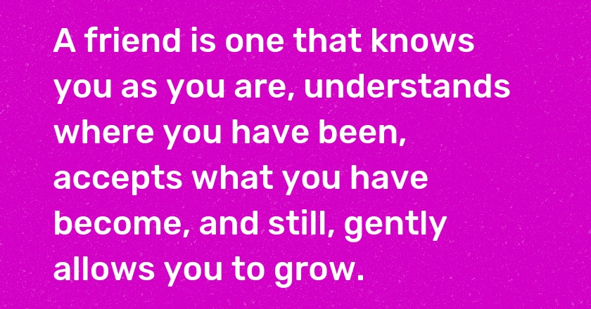 A friend is one that knows you as you are, understands where you have been, accepts what you have become, and still, gently allows you to grow.