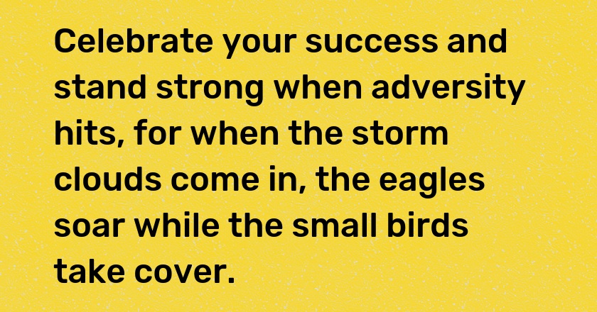 Celebrate your success and stand strong when adversity hits, for when the storm clouds come in, the eagles soar while the small birds take cover.