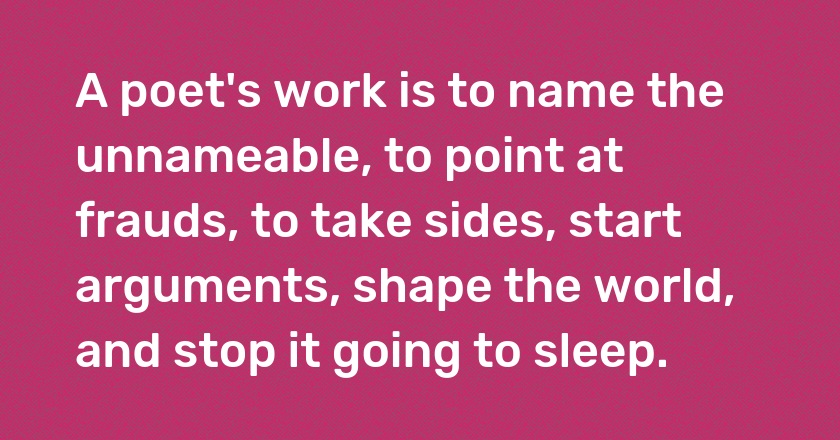 A poet's work is to name the unnameable, to point at frauds, to take sides, start arguments, shape the world, and stop it going to sleep.