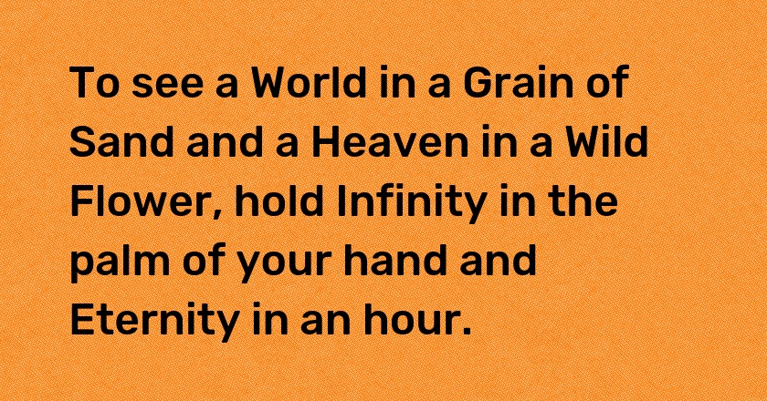 To see a World in a Grain of Sand and a Heaven in a Wild Flower, hold Infinity in the palm of your hand and Eternity in an hour.