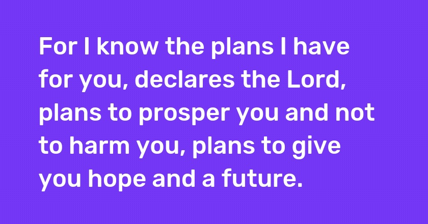 For I know the plans I have for you, declares the Lord, plans to prosper you and not to harm you, plans to give you hope and a future.