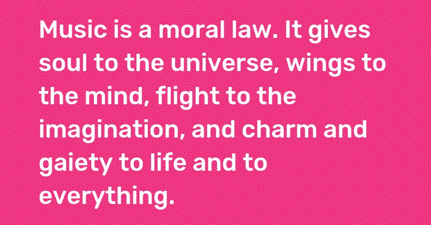 Music is a moral law. It gives soul to the universe, wings to the mind, flight to the imagination, and charm and gaiety to life and to everything.