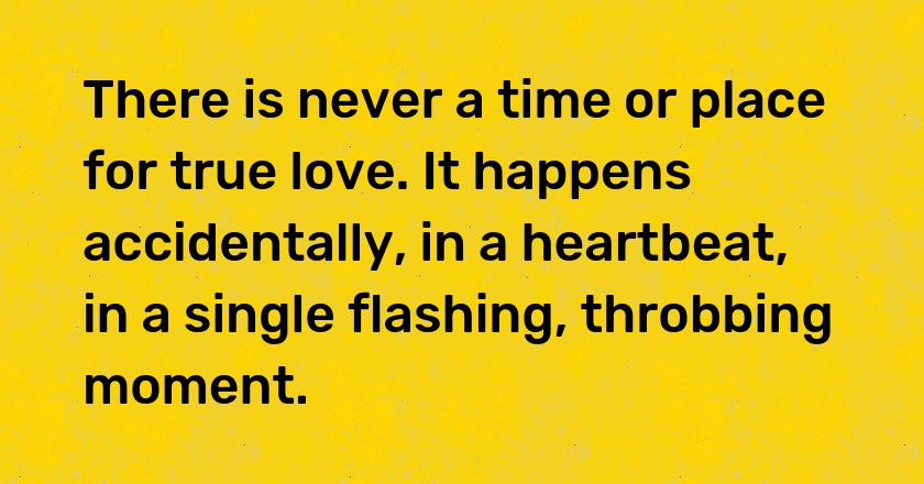 There is never a time or place for true love. It happens accidentally, in a heartbeat, in a single flashing, throbbing moment.