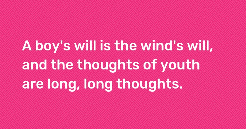 A boy's will is the wind's will, and the thoughts of youth are long, long thoughts.