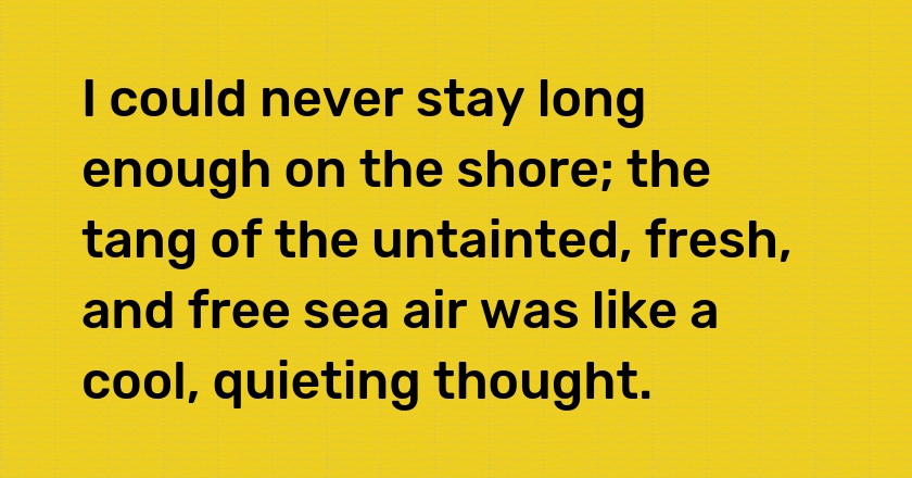 I could never stay long enough on the shore; the tang of the untainted, fresh, and free sea air was like a cool, quieting thought.