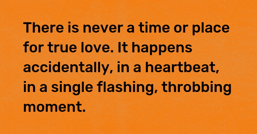 There is never a time or place for true love. It happens accidentally, in a heartbeat, in a single flashing, throbbing moment.