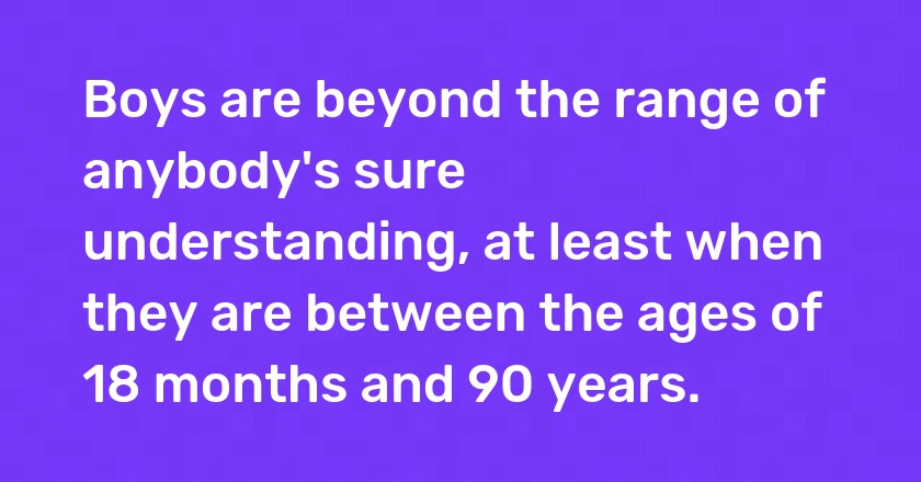 Boys are beyond the range of anybody's sure understanding, at least when they are between the ages of 18 months and 90 years.