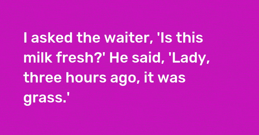 I asked the waiter, 'Is this milk fresh?' He said, 'Lady, three hours ago, it was grass.'